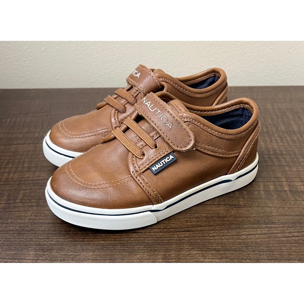 Nautica Toddler Boys Size 8 Brown Faux Leather Boat Shoes Sneakers Strap Low Top
